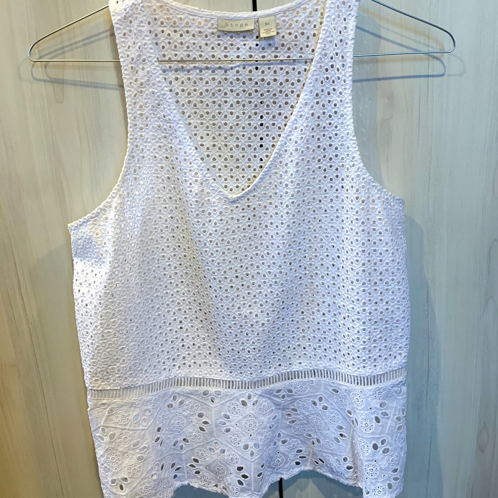 Hinge White Eyelet Lace Cotton Tank Top (XS)